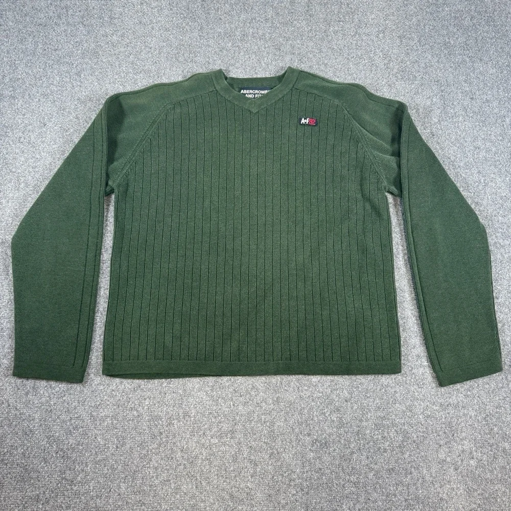 Abercrombie Fitch Sweater Mens Large Green V Neck Ribbed Y2K Classic Long Sleeve